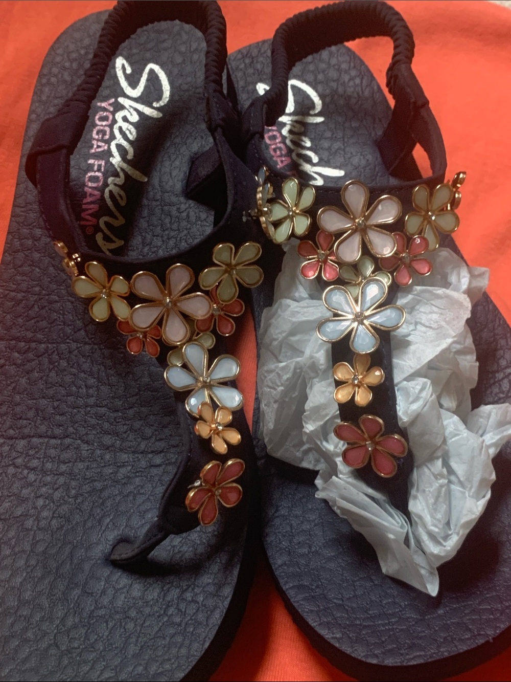 Skechers Navy Floral T-Strap Sandals with Gold Accents - Picture 2 of 3